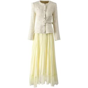 Women Suit Long-Sleeved Single-Breasted Lace-Up Slim Tops Pleated Skirt Two Piece Set