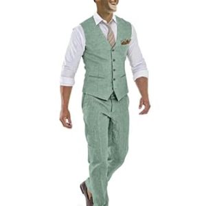 Casual Linen Beige Men's 2 Piece Suits Wedding Suits Slim Fit Groomsmen Tuxedos Prom Waistcoat Summer Linen Vest+Pant