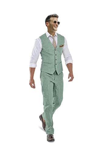 Casual Linen Beige Men's 2 Piece Suits Wedding Suits Slim Fit Groomsmen Tuxedos Prom Waistcoat Summer Linen Vest+Pant
