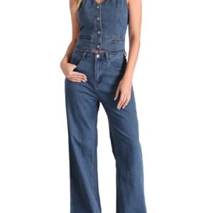 2 Piece Outfits Denim Set for Women's Sleeveless Button V Neck Denim Vest Waistcoat Wide Leg Jeans