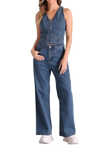 2 Piece Outfits Denim Set for Women's Sleeveless Button V Neck Denim Vest Waistcoat Wide Leg Jeans