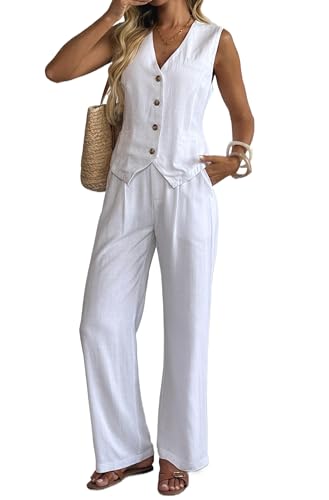 Women's Linen 2 Piece Sets Summer Outfits Vest Waistcoat Casual Dressy Work Vacation Travel Pants Sets