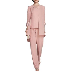 Women's Mother of The Bride Pants Suits Full Length Chiffon Lace 3/4 Sleeve 3 Pcs Wedding Sets