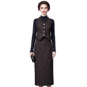Women Elegant Office and Business Suit V-Neck Long-Sleeved Single-Breasted Tank Skirt 2 Piece Set