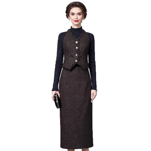 Women Elegant Office and Business Suit V-Neck Long-Sleeved Single-Breasted Tank Skirt 2 Piece Set