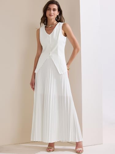 Women's 2 Piece Summer Outfits V Neck Sleeveless Button Vest Maxi Pleated Skirts Set