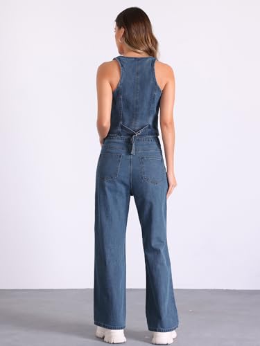 2 Piece Outfits Denim Set for Women's Sleeveless Button V Neck Denim Vest Waistcoat Wide Leg Jeans