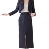 Women Solid Long Sleeve Notch Collar Cropped Jacket High Waist Split Straight Pencil Skirt 2 Piece Suits Sets