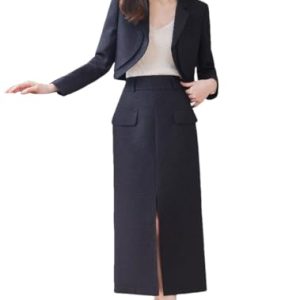 Women Solid Long Sleeve Notch Collar Cropped Jacket High Waist Split Straight Pencil Skirt 2 Piece Suits Sets