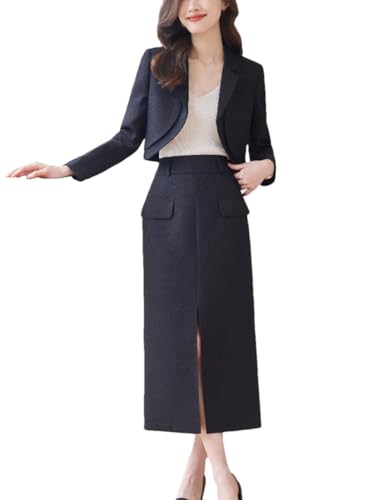 Women Solid Long Sleeve Notch Collar Cropped Jacket High Waist Split Straight Pencil Skirt 2 Piece Suits Sets