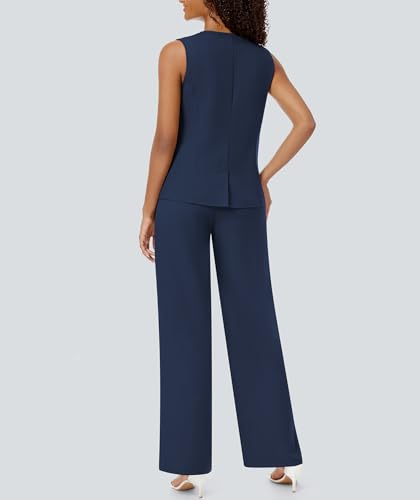 Women's Summer 2 Piece Blazer Outfits Sleeveless Crewneck Vest Wide Leg Pantsuit 2025 Dressy Casual Work Sets