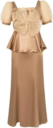 Satin 2 Piece Outfit Women Elegant Corset Top High Waist Fishtail Skirt Set Long Blouse Shirt Evening Dress Suit
