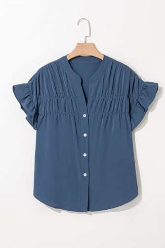 31xG6TnA6jL.jpg Womens Button Down Shirts Ruffle Ruched Short Sleeve Tops Summer Solid Casual Work Business Blouses