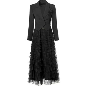 Women Elegant Commuter Suit Notched Long-Sleeved Appliques Tops Flounced Edge Skirt 2 Piece Set