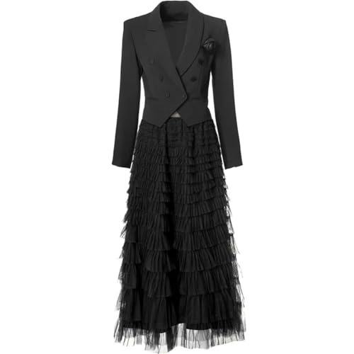 Women Elegant Commuter Suit Notched Long-Sleeved Appliques Tops Flounced Edge Skirt 2 Piece Set