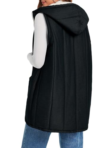 Womens Long Puffer Vests Outerwear Hooded Button Down Gilet Sleeveless Warm Winter Coats Jackets