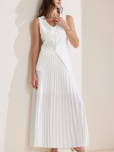 Women's 2 Piece Summer Outfits V Neck Sleeveless Button Vest Maxi Pleated Skirts Set