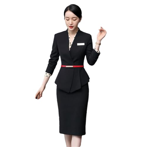 Women's Solid Color V-Neck Long Sleeve Hidden Buttoned Slim Asymmetric Suit Jacket and Skirt Set