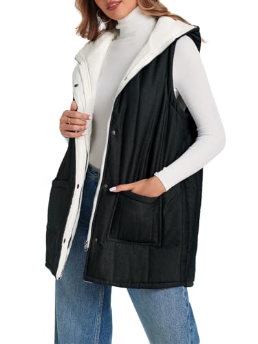 Womens Long Puffer Vests Outerwear Hooded Button Down Gilet Sleeveless Warm Winter Coats Jackets