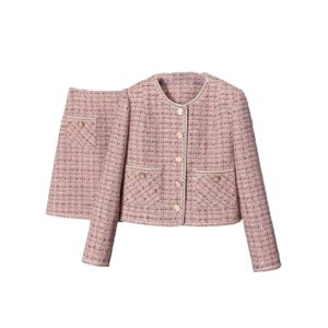 Women Crop Top Woolen Short Jacket Coat Mini Skirts Sets Pink Two Piece Suits