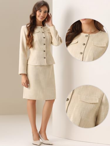 Suit Set for Women's 2 Piece Outfits Tweed Peplum Collarless Blazer Jacket and Skirt Sets