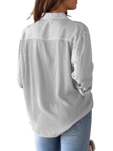 Grade 4 Wrinkle-Resistant Women's Button Down Shirts Striped Long Sleeve Collared Blouses Tops with Pocket