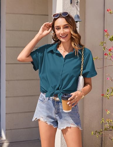 Women's Button Down Shirts Short Sleeve Casual Oversized Shirts Loose Collared V Neck Blouses