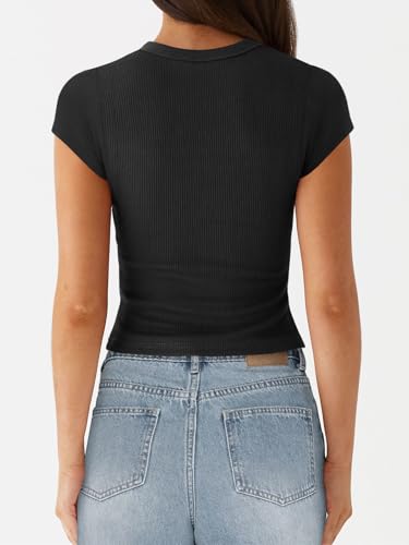 Women's Button Down Shirt Cap Sleeve Tops for Women Button Up Ribbed Knit Slim Fit Casual Y2K Crop Going Out Top