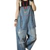 Women Casual Loose Cropped Denim Jumpsuits Rompers Jeans Overalls Distressed Ripped Fringed/Pockets P49