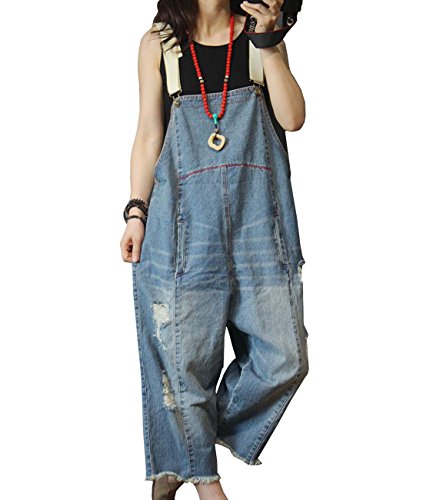 Women Casual Loose Cropped Denim Jumpsuits Rompers Jeans Overalls Distressed Ripped Fringed/Pockets P49