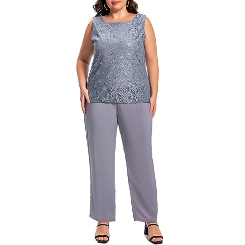 Plus Size Elegant Mother of The Bride Pant Suits Chiffon Pant with Women's Tank Top and Sequin Lace Jacket Evening Gown