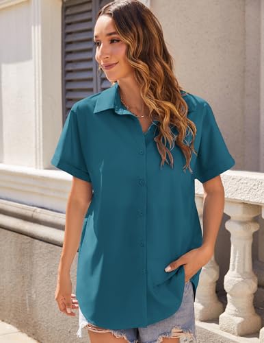 Women's Button Down Shirts Short Sleeve Casual Oversized Shirts Loose Collared V Neck Blouses