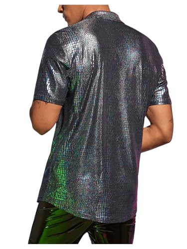 Men's 70s Sparkly Disco Top Crocodile Pattern Metallic Rave Button Down Shirt Short Sleeve Party T Shirt