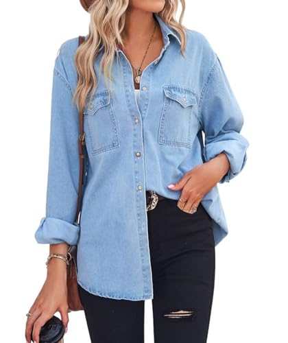 Women's Spring Long Sleeve Denim Jean Shirts Button Down Shirt Business Casual Tops