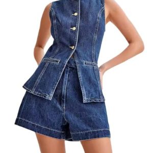 Two Piece Sets for Women Summer Vest Outfits Denim Suiting