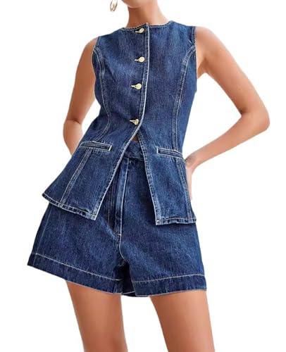 Two Piece Sets for Women Summer Vest Outfits Denim Suiting