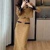 Women Vintage Tweed Two Piece Set Short Coat + Bodycon Skirt Suits Winter Elegant 2 Piece