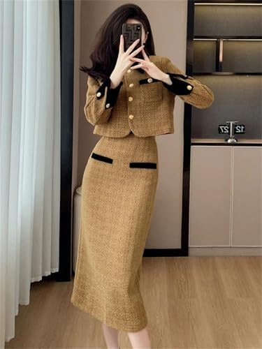 Women Vintage Tweed Two Piece Set Short Coat + Bodycon Skirt Suits Winter Elegant 2 Piece