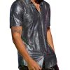 Men's 70s Sparkly Disco Top Crocodile Pattern Metallic Rave Button Down Shirt Short Sleeve Party T Shirt