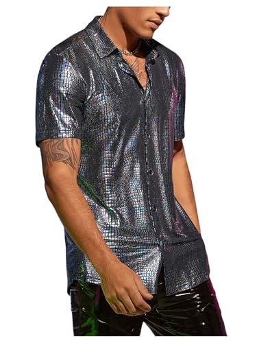 Men's 70s Sparkly Disco Top Crocodile Pattern Metallic Rave Button Down Shirt Short Sleeve Party T Shirt
