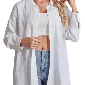 Womens Button Down Shirts Oversize Casual Boyfriend Long Sleeve Button Up Shirt Women Plus Size Blouses Tops with Pocket