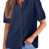 Womens Button Down Shirts Cute Short Puff Sleeve V Neck Tops Spring Summer Blouses for Women Dressy Casual