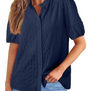 Womens Button Down Shirts Cute Short Puff Sleeve V Neck Tops Spring Summer Blouses for Women Dressy Casual