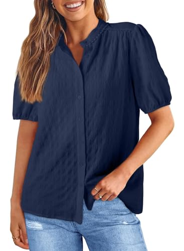 Womens Button Down Shirts Cute Short Puff Sleeve V Neck Tops Spring Summer Blouses for Women Dressy Casual