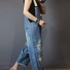 Women Casual Loose Cropped Denim Jumpsuits Rompers Jeans Overalls Distressed Ripped Fringed/Pockets P49