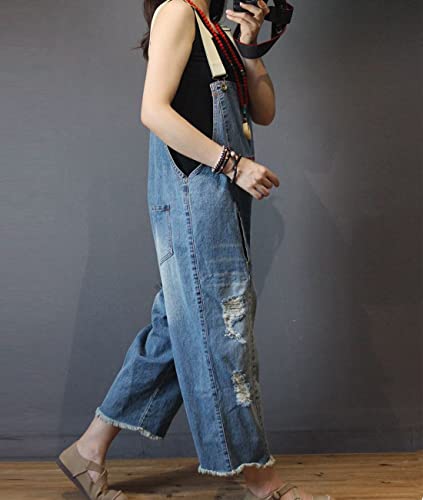 Women Casual Loose Cropped Denim Jumpsuits Rompers Jeans Overalls Distressed Ripped Fringed/Pockets P49