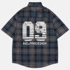 Mens Button Down Shirts Number Print Plaid Necktie Short Sleeve Shirt Casual Summer Shirts