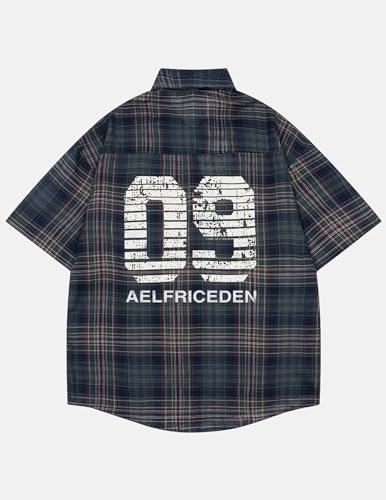 Mens Button Down Shirts Number Print Plaid Necktie Short Sleeve Shirt Casual Summer Shirts
