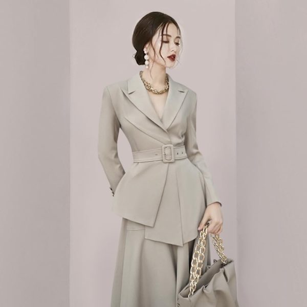 415AdSKizvL.jpg Women's Skirt Suit Spring Autumn Belted Long Sleeve Blazer Loose Casual Skirt 2 Piece Set for Women