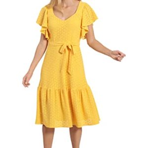 Women's Knit Eyelet Flutter Sleeve Belted Tiered Midi Dress Office Career Garden Party Day Guest of